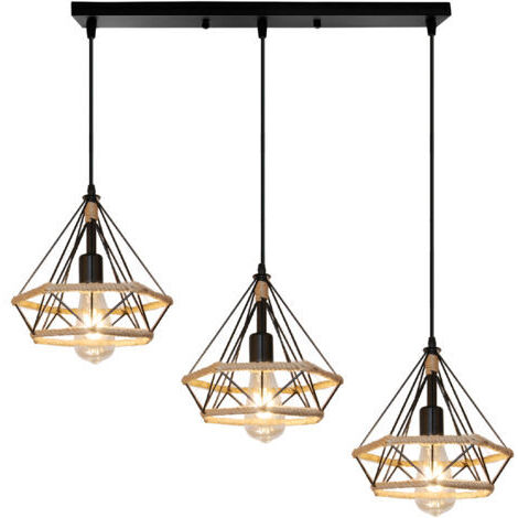 Green Mobility-Lustre Rétro À 3 Lumières Plafonnier Diamant Suspension Luminaire En Corde De Chanvre Noire Pour Bureau, Couloir, Restaurant, Loft, Bar, Café, 25CM (1/5)