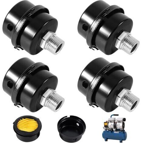 Green Mobility-Lot de 4 filtres à air compresseurs, filetage 3/8" 16 mm, silencieux pour compresseur d'air sans huile de rechange (métal noir)