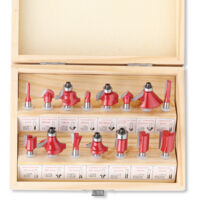 15-Piece Router Bit Set - Wooden Box Packaging - Professional Woodworking Tools - 1/4