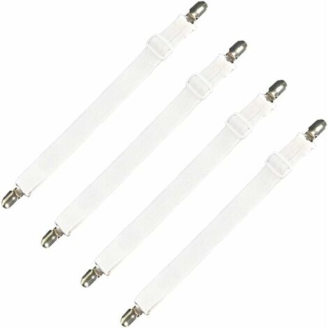 Set mit 4 verstellbaren Spanngurten mit Gummibändern für Bettlaken, Sofabezüge und Bügelbretter – 30 cm bis 120 cm, weiß
