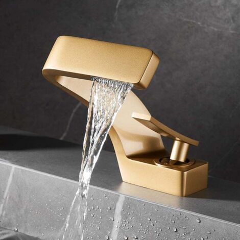 Moderner Wasserfall-Waschtischarmatur für Badezimmer, Einhebel-Mischbatterie, Badezimmer-Wasserhahn, Messing-Wasserhahn, mattiertes Gold (ohne Schlauch)