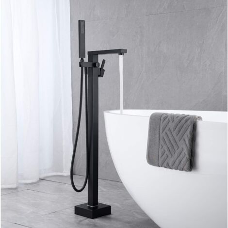 SJQKA Badewannenarmatur mit Wasserfall-Dusche, Badewannenarmatur, bodenstehende Mischbatterie, freistehende freistehende Badewannenarmatur mit Griff, Schwarz (Unterirdische Installation)