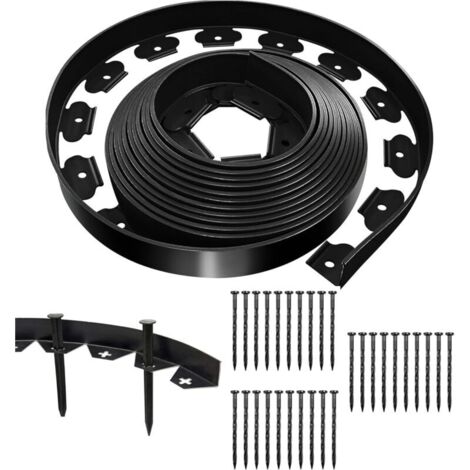 Schwarze, flexible Rasenkante 10 m x 5 cm mit 30 Befestigungsnägeln, Kunststoff-Gartenkante für den Außenbereich, Rasenkantenrolle (1/4)