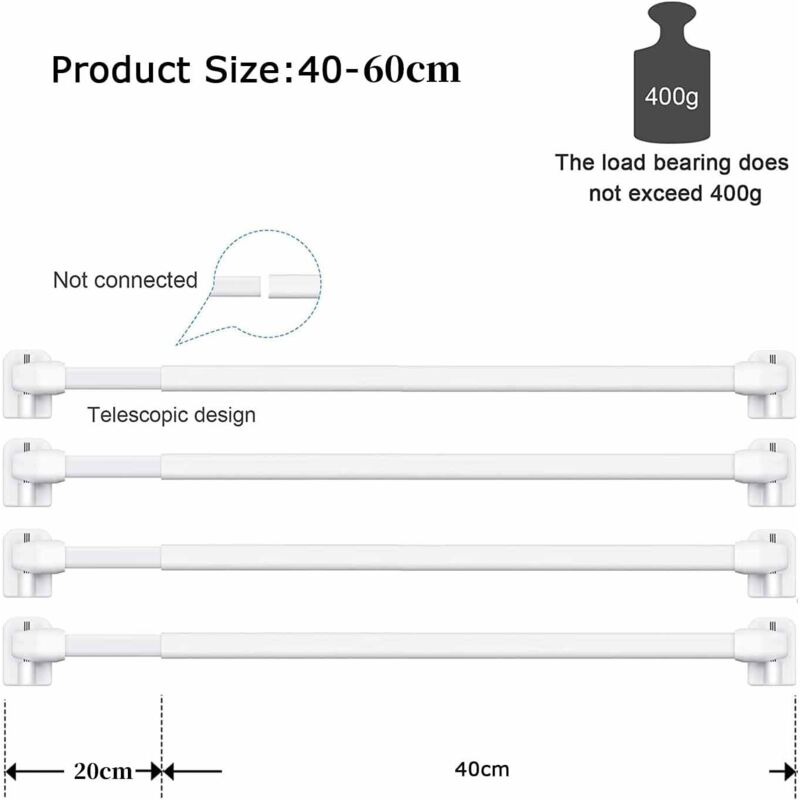 Lot De 6 Tringles Extensibles Plastique 40-70 Cm Blanc – Sans Perçage, Tension Avec Crochets Adhésifs Puissants