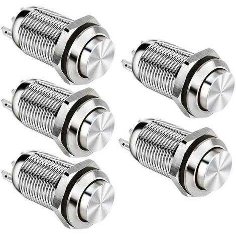 12mm Interrupteur à Bouton Poussoir Momentané étanche en Métal Interrupteurs à Bouton Poussoir SPST NO Interrupteur Momentané 2A 12V/24V/125V/250V 5 Pack(Haute Tête)