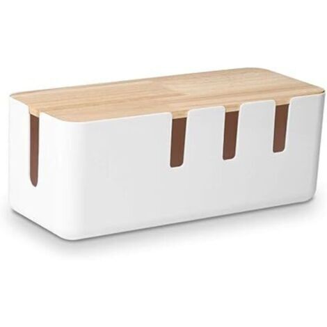 Ahlsen – Boîte de rangement pour câbles 30,5 x 12,5 x 11,5 cm – Couvercle en bois – Organisateur de cordons pour bureau et TV – 2 prises directionnelles USB