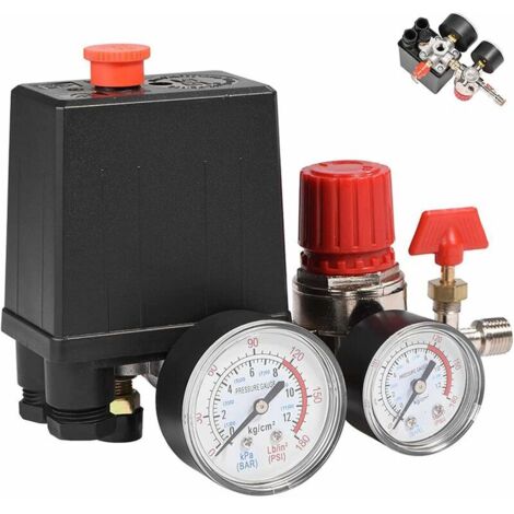 ZVD – Pressostat pour compresseur d'air monophasé 90-120 PSI – 4 ports avec jauge – Débit 3000 L/min – Valve de sécurité incluse - 90-120PSI