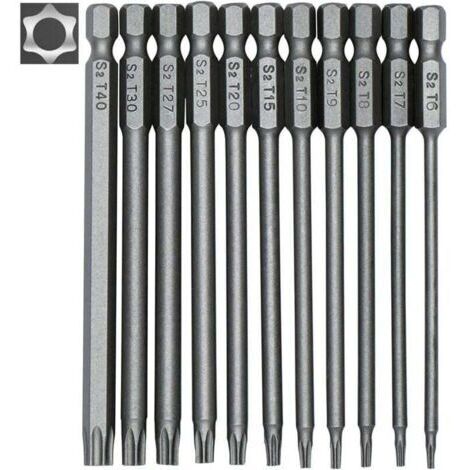 Jeu de 11 embouts longs Torx pour tournevis et visseuse électrique - Embouts magnétiques - Tige hexagonale de 1/4" - Tailles T6 à T40 - Longueur 100 mm-