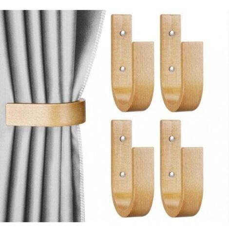 Lot de 4 embrasses de Rideaux en Bois en Forme de U - Fixation Murale pour Rideaux (Wood, 4)