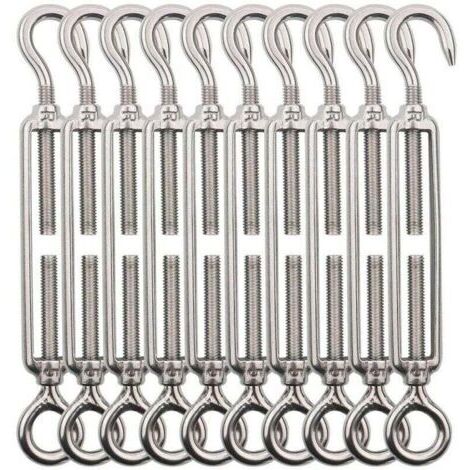 Tendeur Cable Crochet M5 (Crochet et Oeil), Tendeur Fil Acier/Tendeur Cable INOX en Acier Inoxydable 304 pour Fil a Linge, Cable Acier, Corde Acier -10 Pièces