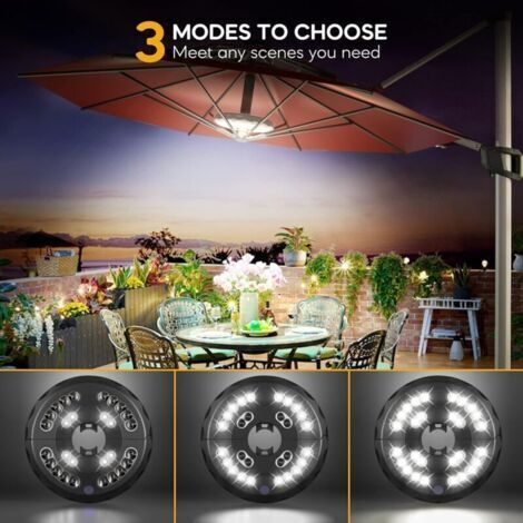 Lampe parasol, 28 LED, 3 modes d'éclairage rechargeable, lampe de secours pour les pannes de courant, idéale pour le camping, la terrasse, la plage, le jardin et la piscine.