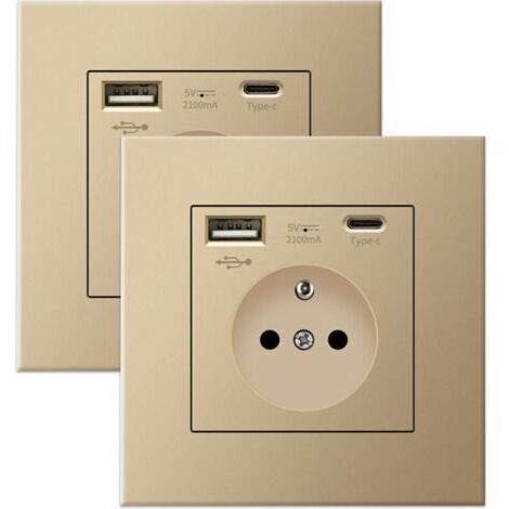 Lot de 2 prises murales avec USB et Type-C, 5 V 2,1 A, prise USB encastrée standard UE, multiprise France, 110-250 V (Doré)