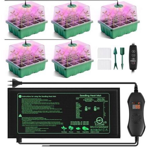 Mini Serre avec Lampe pour Plantes Tapis Chauffant, 5 Pièces Mini Serre pour Semis avec Thermostat Luminosité Réglable, Serre épaissie avec Couvercle et Ventilation