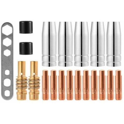 20 Pcs Embouts de Contact de Buse de Soudage 15AK MIG/MAG Ensemble de Support de Connecteur de Gaz M6 0,8x25mm (10 x Contact, 5 x Buse, 2 x Connecteur, 2 x Isolant, 1 x Outil)