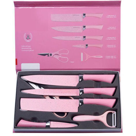 Ensemble de 6 couteaux de cuisine colorés en acier inoxydable avec manche ergonomique rose pour découpe