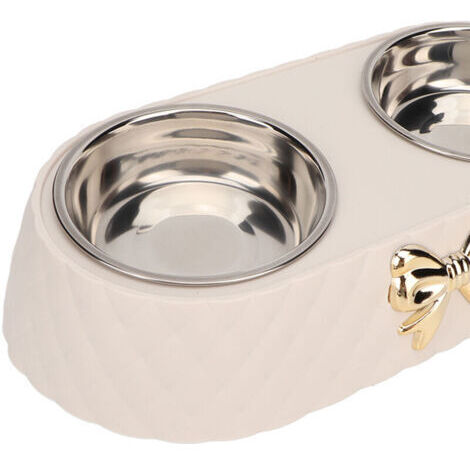 Gamelles doubles antidérapantes en acier inoxydable pour nourriture et eau, avec support décoratif à nœud papillon, pour chien et chat, beige