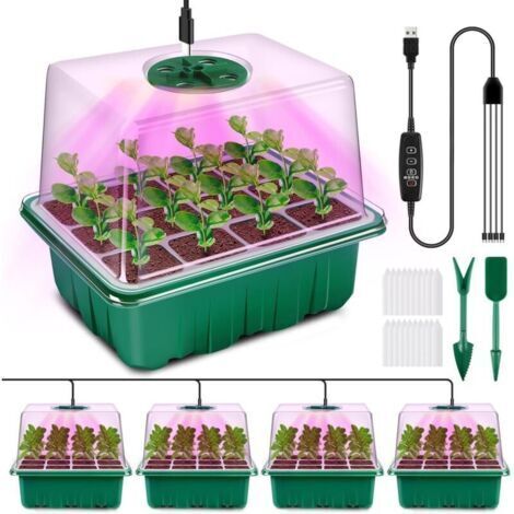 Mini Serre pour Plantes avec Lampe, 4 Pièces Serre Semis de Culture avec contrôleur de synchronisation luminosité réglable, épaissir Boite Semis avec Couvercle surélevé, Vert