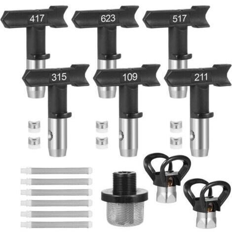 Buse Airless,Lot de 15 Buses,Comprenant 6 Embouts de Pulvérisation Réversibles avec Entretoises,6 Filtres de Pulvérisation de Peinture Airless,1 Filtre D'entrée de Rechange