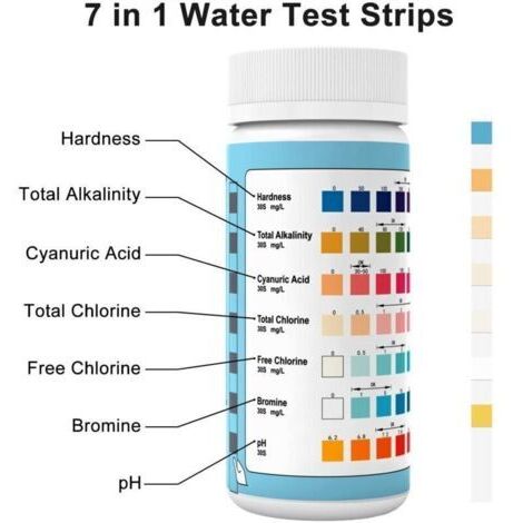 7 en 1 Bandelette Piscine, 100 Test Piscine Bandelettes Testeur Piscine et Spa, Languette Piscine Test Eau Piscine Test ph,Chlore Le Brome, la Dureté Totale, l’Acide Cyanurique and More