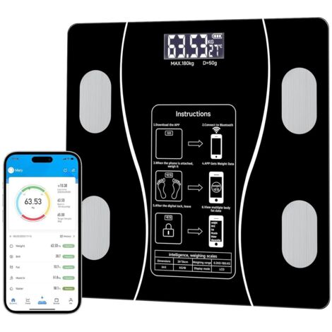 Balance corporelle intelligente, une balance numérique simple et pratique qui peut être connectée à une balance de salle de bain numérique mobile pour afficher l'IMC, la graisse corporelle (noir)