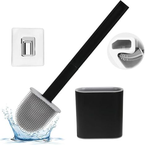 Brosse WC, Brosse Toilette Silicone avec Support  pour Nettoyage en Profondeur, Au Sol ou Montage Mural, Noir