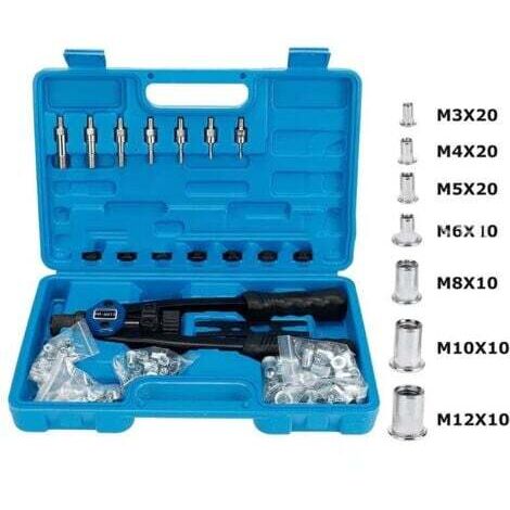 Kit d'installation d'écrou avec 100 mandrins métriques assortis M3/M4/M5/M6/M8/M10/M12 et étui de transport moulé-