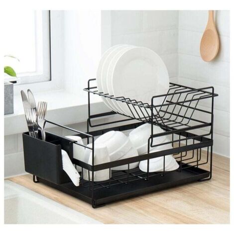 Egouttoir Vaisselle Double Niveau Couverts Cuisine Rangement Métal chromé - Noir