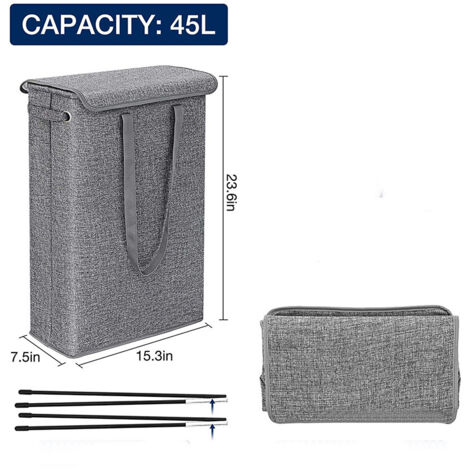 Panier à linge pliable Oungy Grijs avec couvercle, panier à linge étroit et haut 45 L