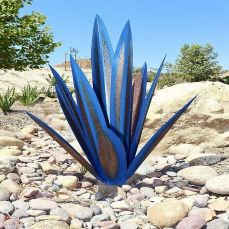 Plante d'agave en métal, pour la décoration de jardin, rouge, sculpture rustique de Tequila, adaptée pour l'intérieur, ornements de pelouse（35cm，Bleu foncé）