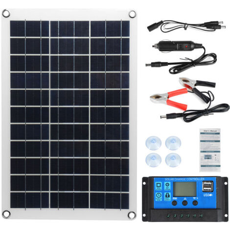 Panneau solaire 100W – Kit contrôleur LCD 10-100A – Dimensions 420 x 280 x 30 mm – Chargeur pince crocodile pour camping et activités plein air