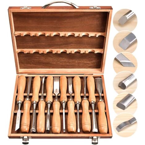 Aiperq – Lot de 12 ciseaux à main pour sculpture sur bois – Acier au carbone trempé – Poignée ergonomique – Boîte de rangement en bois