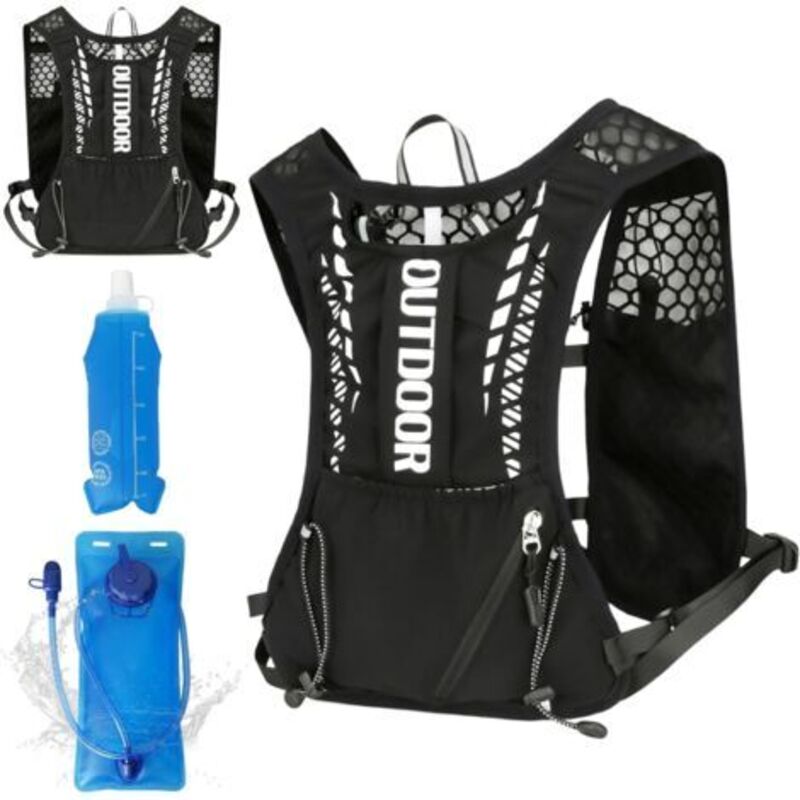 Gilet De Running Ultra-léger 5L + Gourde 500ml – 4 Sangles Réglables, Bandes Réfléchissantes, Pour Trail, Vélo & Marathon