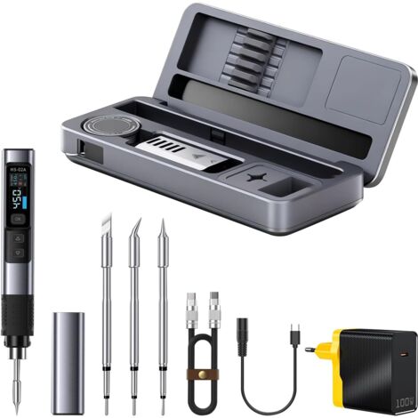 HS-02A Kit de fer à souder portable 100 W, mini-fer à souder numérique intelligent fer à souder DC/PD pour réparations électroniques chauffage rapide de 100 à 450 °C (3 pointes de fer à souder) (1/5)
