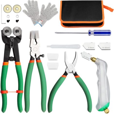 Le kit d'outils de coupe de verre comprend une pince à verre, une pince à grozer, une pince à mosaïque avec roue de rechange, un ensemble de coupe-verre à poignée pistolet (1/5)