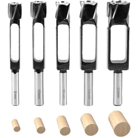 Lot de 5 Coupe-trou pour bois, foret tenon, foret profond, pour le travail du bois, la fabrication de meubles (8/10/12/15/20 mm)