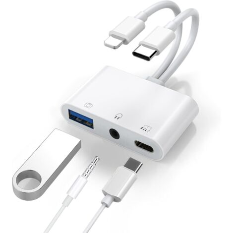 Adaptateur USB C et Lightning vers jack 3,5 mm, adaptateur 3 en 1 pour appareil photo USB OTG et répartiteur de casque auxiliaire, prend en charge la charge/l'audio/le transfert de données pour iPhone (1/5)