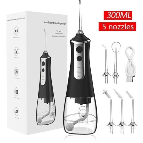 Jet Dentaire Hydropulseur Portable, Jet Dentaire Sans Fil Rechargeable avec 5 Mode set 5 Buses Capacité de 300 ML IPX7 Étanche Pour La Maison et Les Voyages