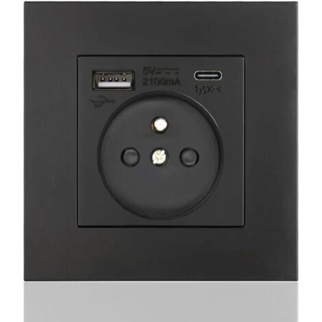 Panneau de prises françaises Type-c+USB16A Type 86, nombre de prises : 2 trous, nombre de ports USB : 1, nombre de ports type-c : 1, sûr et ferme(carré noir) (1/4)