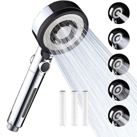 Pommeau de douche avec 3 filtres PP anticalcaire haute pression, pommeau de douche de salle de bain avec 5 modes de jet, (sans flexible ni support) (1/4)