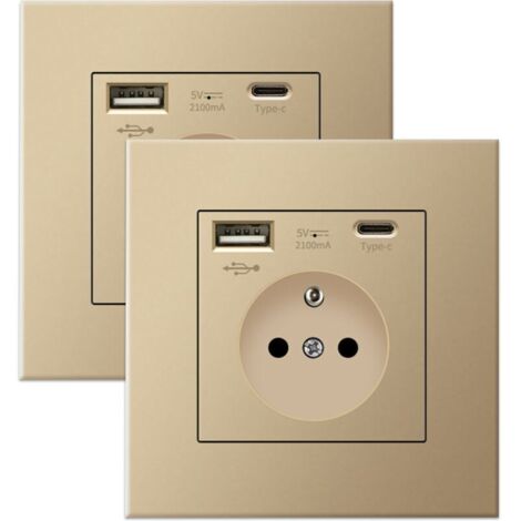 Lot de 2 prises murales avec USB et Type-C, 5 V 2,1 A, prise USB encastrée standard UE, multiprise France, 110-250 V (Doré) (1/4)