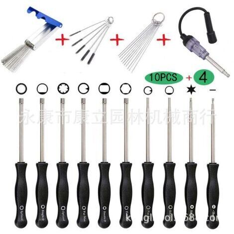 Lot de 10 tournevis pour réglage de carburateurs Walbro de petits moteurs à 2 temps de trononneuses/rotofils/etc. Husqvarna, Troy-Bilt, etc. avec trousse, brosse et kit d'outils de nettoyage (1/5)