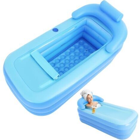 Baignoire gonflable pour adulte - Baignoire pliable en PVC bleu avec appuie-tête, dossier et accoudoir, porte-gobelet, siphon de sol, coussin d'assise, 160 x 84 x 64 cm, pour la maison, le voyage, le
