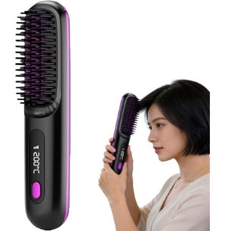 2026 Peigne Lissant Chauffant En CéRamique Sans Fil,Brosse Coiffante Pour Cheveux Courts,Cordless Ceramic Heated Hair Straightening Comb,Usb Rechargeable,3 Heat Settings & Led Screen (Black)