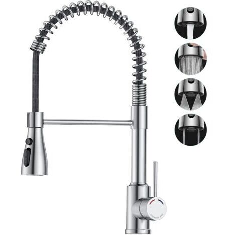 Robinet Cuisine, Spring Mitigeur Cuisine avec Douchette, Bec pivotant à 360°, 4 Modes de Pulvérisation, Arc Élevé, Acier Inoxydable Commerciale Robinet pour éviers de Cuisine à 1 trou