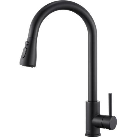 Robinet de Cuisine Noir Mat avec Douchette Extractible, Bec Pivotant 360°, Mitigeur Monocommande Haute Pression en Acier Inoxydable 304, 3 Fonctions de Pulvérisation, Valve Céramique