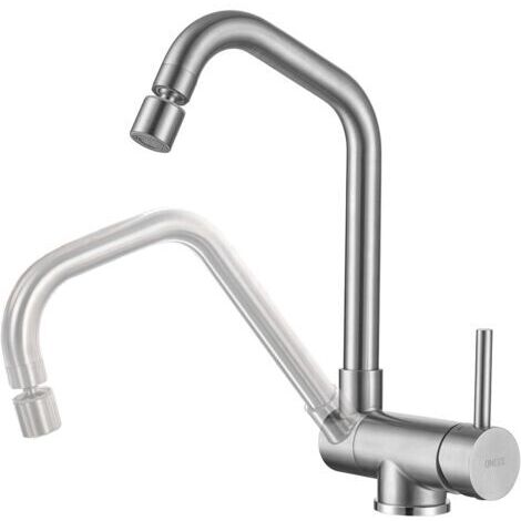 Robinet de Cuisine Rabattable avec Tête de Pulvérisation Rotative, Mitigeur Evier 2 Jets, Robinettrie Pliable devant Fenêtre, Pivotant à 360°, Acier Inox SS304, Brossé (1/5)