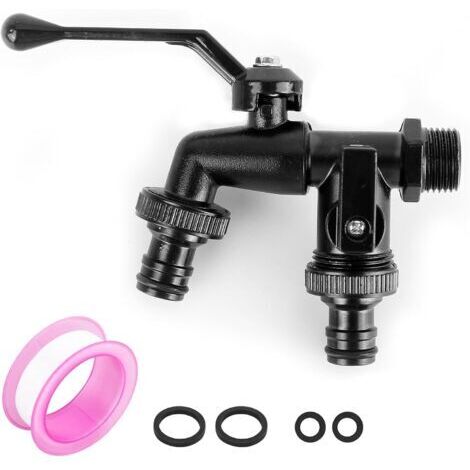 Double robinet de jardin 1/2" En laiton noir Avec 2 sorties de 3/4" sortie double gardena robinet Résistant à la rouille et au gel Pour irrigation machine à laver laver la voiture (1/5)