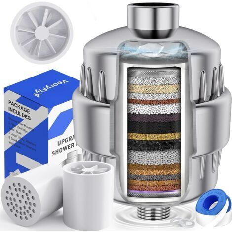 Filtre de Douche avec Turbine Rotative à 37 Étapes - Adoucisseur d'eau Douche avec 2 cartouches de filtre remplaçables, Anti Calcaire pour Éliminer le Chlore et le Fluorure (1/5)