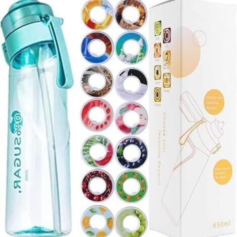 Gourde de sport (650 ml) pour l'école, la gym et le fitness - Avec 7 dosettes aromatiques sans sucre et paille - Noire - Avec goût - Convient également pour les enfants (bleu)