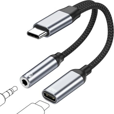 Adaptateur USB C Jack 3.5mm avec Charge Rapide, 2 en 1 Type C PD 60 W Audio Charge Adaptateur Câble Compatible avec iPhone 17 Pro Max Air 16 15 Série, pour Samsung Galaxy S23/S22/S21 Ultra, Huawei P40